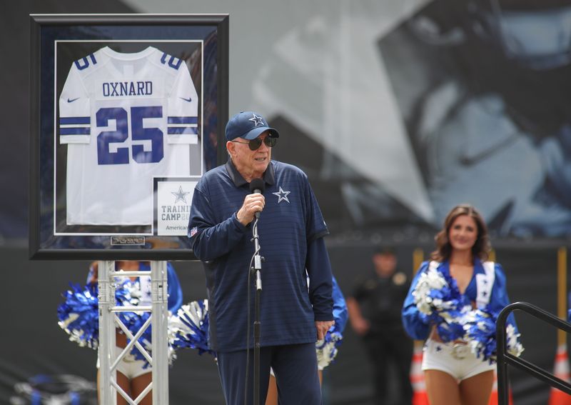 Dallas Cowboys owner Jerry Jones speaks to crown during the opening ceremony of the Cowboys training camp on Saturday, July 26, 2025, at River Ridge Playing Fields in Oxnard.