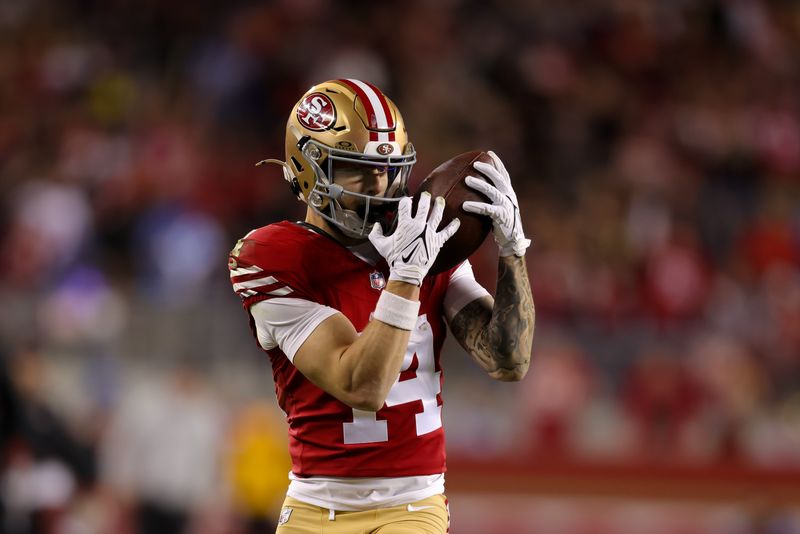 Dec 30, 2024; Santa Clara, California, USA; San Francisco 49ers wide receiver Ricky Pearsall (14) catches a pass during the second quarter against the Detroit Lions at Levi's Stadium. Mandatory Credit: Sergio Estrada-Imagn Images