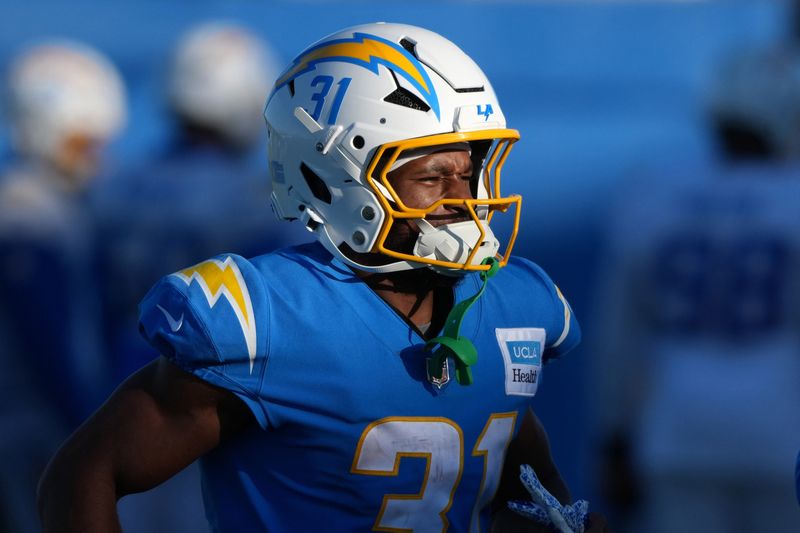 Jul 25, 2025; El Segundo, CA, USA; Los Angeles Chargers running back Trikweze Bridges (31) during training camp at The Bolt. Mandatory Credit: Kirby Lee-Imagn Images