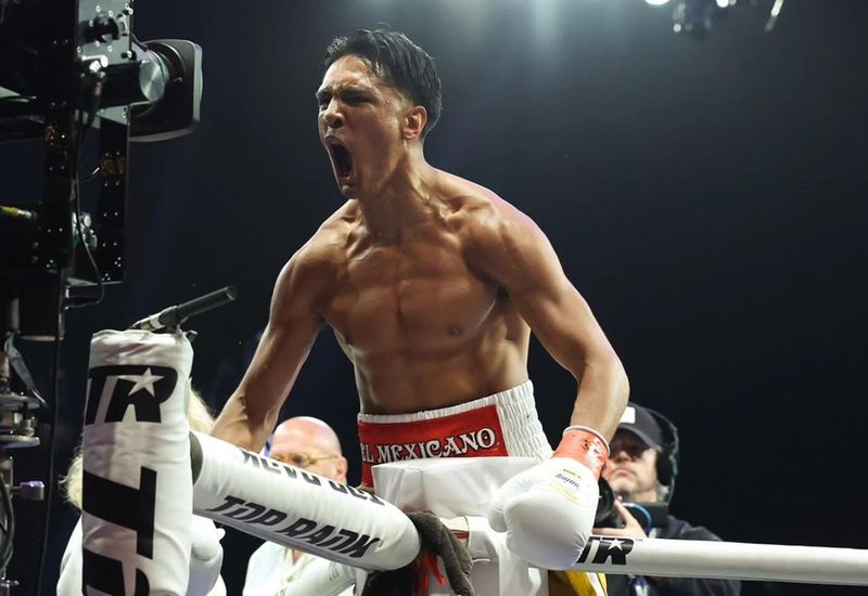 Emiliano Vargas celebrates after knocking out Alexander Espinoza in the first round of their bout at The Theatre inside Madison Square Garden in New York City on Saturday, July 27, 2025.