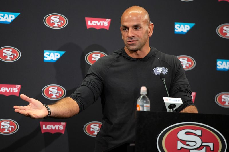 Jul 24, 2025; Santa Clara, CA, USA; San Francisco 49ers defensive coordinator Robert Saleh answers questions from reporters following the second day of training camp. Mandatory Credit: D. Ross Cameron-Imagn Images