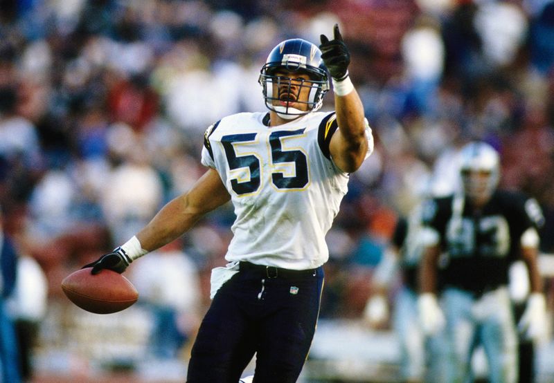 San Diego Chargers linebacker Junior Seau (55) in action against the Los Angeles Raiders at the Los Angeles Coliseum.
