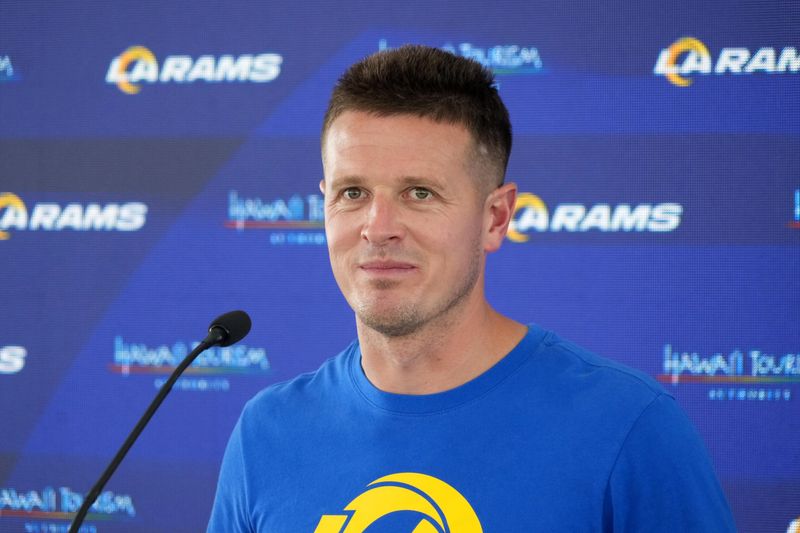 Jun 3, 2025; Woodland Hills, CA, USA; Los Angeles Rams offensive coordinator Mike LaFleur at press conference during organized team activities at Rams Practice Facility. Mandatory Credit: Kirby Lee-Imagn Images