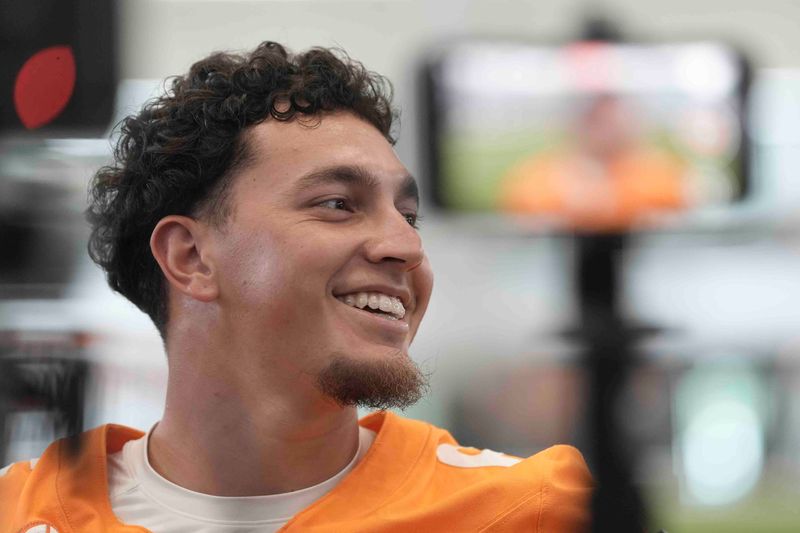 Tennessee quarterback Joey Aguilar (6) speaks to the media during football media day, in Knoxville, Tennessee, July 29, 2025.