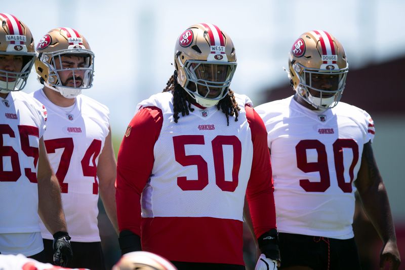 May 9, 2025; Santa Clara, CA, USA; San Francisco 49ers defensive line tryouts Sebastian Valdez (65), Ali Saad (74), C.J. West (50) and D’Quan Douse (90) wait for their turn at blocking during the team’s rookie minicamp. Mandatory Credit: D. Ross Cameron-Imagn Images
