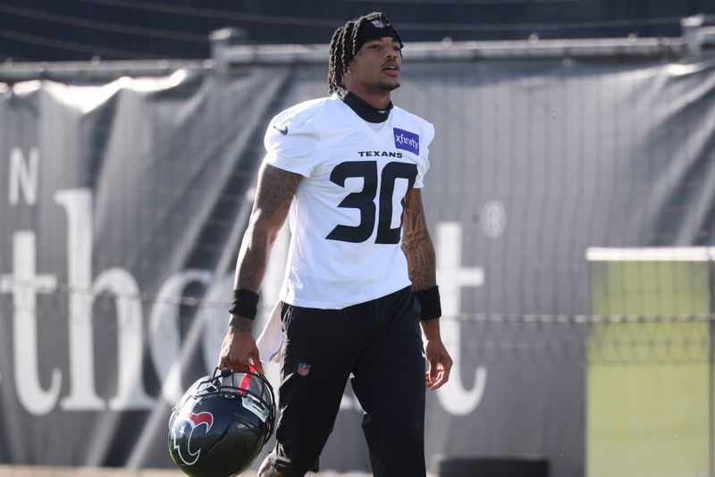 Jul 23, 2025; Houston, TX, USA; Houston Texans cornerback Jaylin Smith (30) during training camp at Houston Methodist Training Center. Mandatory Credit: Troy Taormina-Imagn Images