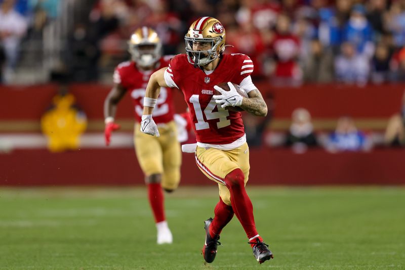 Dec 30, 2024; Santa Clara, California, USA; San Francisco 49ers wide receiver Ricky Pearsall (14) during the game against the Detroit Lions at Levi's Stadium. Mandatory Credit: Sergio Estrada-Imagn Images