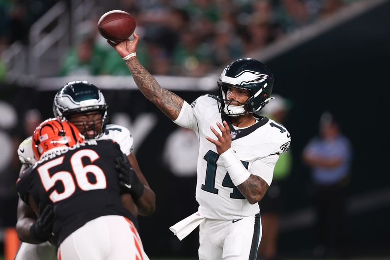 Aug 7, 2025; Philadelphia, Pennsylvania, USA; Philadelphia Eagles quarterback Dorian Thompson-Robinson (14) passes the ball against the Cincinnati Bengals during the third quarter at Lincoln Financial Field. Mandatory Credit: Bill Streicher-Imagn Images