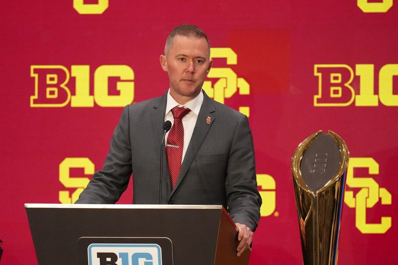 Jul 24, 2025; Las Vegas, NV, USA; USC head coach Lincoln Riley speaks to the media during the Big Ten NCAA college football media days at Mandalay Bay Resort. Mandatory Credit: Lucas Peltier-Imagn Images