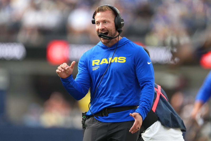 Aug 9, 2025; Inglewood, California, USA; Los Angeles Rams coach Sean McVay reacts against the Dallas Cowboys in the first half at SoFi Stadium. Mandatory Credit: Kirby Lee-Imagn Images