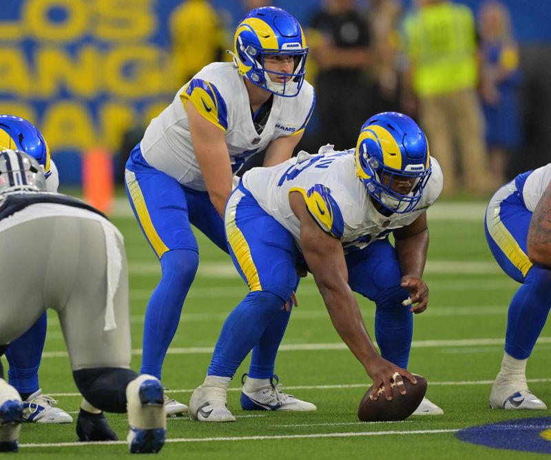 Aug 9, 2025; Inglewood, California, USA; Los Angeles Rams quarterback Dresser Winn (4) during the second half against the Dallas Cowboys at SoFi Stadium. Mandatory Credit: Jayne Kamin-Oncea-Imagn Images