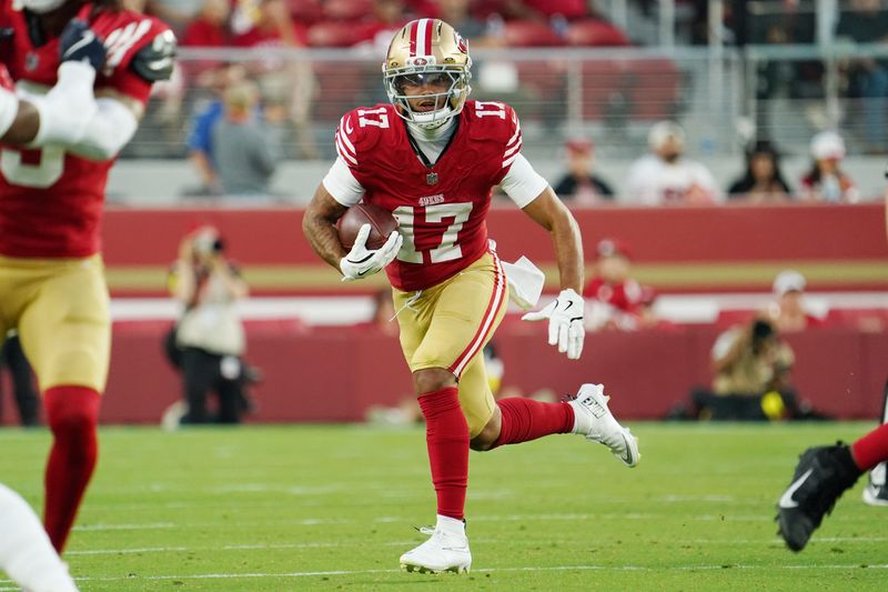 Aug 9, 2025; Santa Clara, California, USA; San Francisco 49ers wide receiver Jordan Watkins (17) makes a catch against the Denver Broncos in the third quarter at Levi's Stadium. Mandatory Credit: David Gonzales-Imagn Images