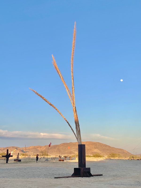Ben Allanoff's "Gassho 3" is a 20-foot sculpture that incorporates steel and dried plant material.