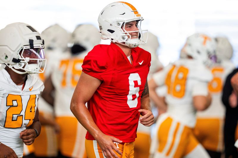 Tennessee quarterback Joey Aguilar (6) during Vols' football's first day of fall camp in Knoxville on July 30, 2025.