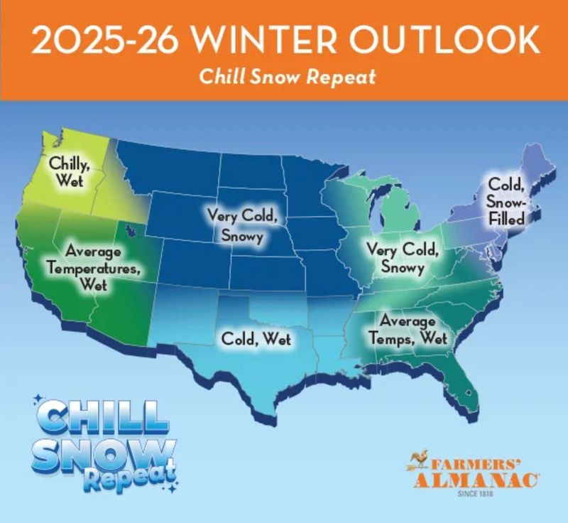 The Farmer's Almanac 2025-2026 winter outlook map.