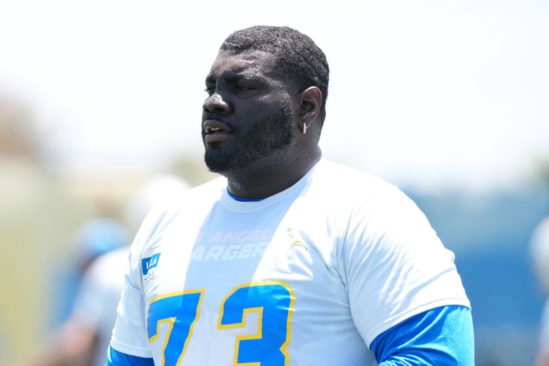 May 27, 2025; El Segundo, CA, USA; Los Angeles Chargers guard Mekhi Becton (73) during organized team activities at The Bolt. Mandatory Credit: Kirby Lee-Imagn Images