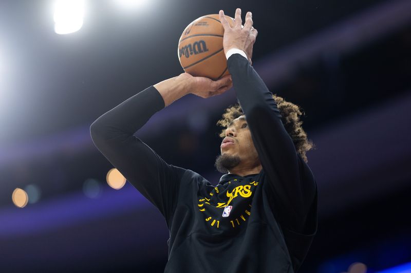 Jan 28, 2025; Philadelphia, Pennsylvania, USA; Los Angeles Lakers center Jaxson Hayes before action against the Philadelphia 76ers at Wells Fargo Center. Mandatory Credit: Bill Streicher-Imagn Images