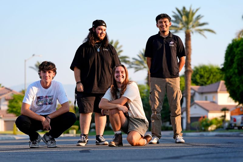 Whitewater band members Ryan Priest, left, Daniel Duardo, Jason Zembo and Emanuel Torres, in Indio, Calif., on August 13, 2025.