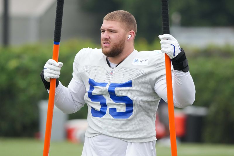 Aug 14, 2025; Carson, CA, USA; Los Angeles Rams defensive end Braden Fiske (55) during a joint practice against the New Orleans Saints at the Dignity Health Sports Park. Mandatory Credit: Kirby Lee-Imagn Images