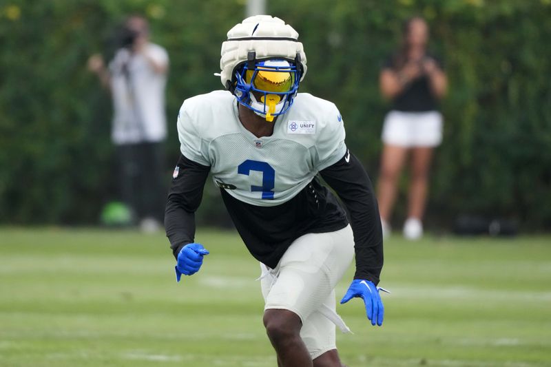 Aug 14, 2025; Carson, CA, USA; Los Angeles Rams safety Kam Curl (3) during a joint practice against the New Orleans Saints at the Dignity Health Sports Park. Mandatory Credit: Kirby Lee-Imagn Images