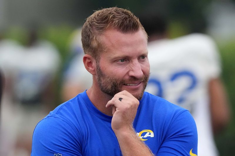 Aug 14, 2025; Carson, CA, USA; Los Angeles Rams head coach Sean McVay watches during a joint practice against the Los Angeles Rams at the Dignity Health Sports Park. Mandatory Credit: Kirby Lee-Imagn Images