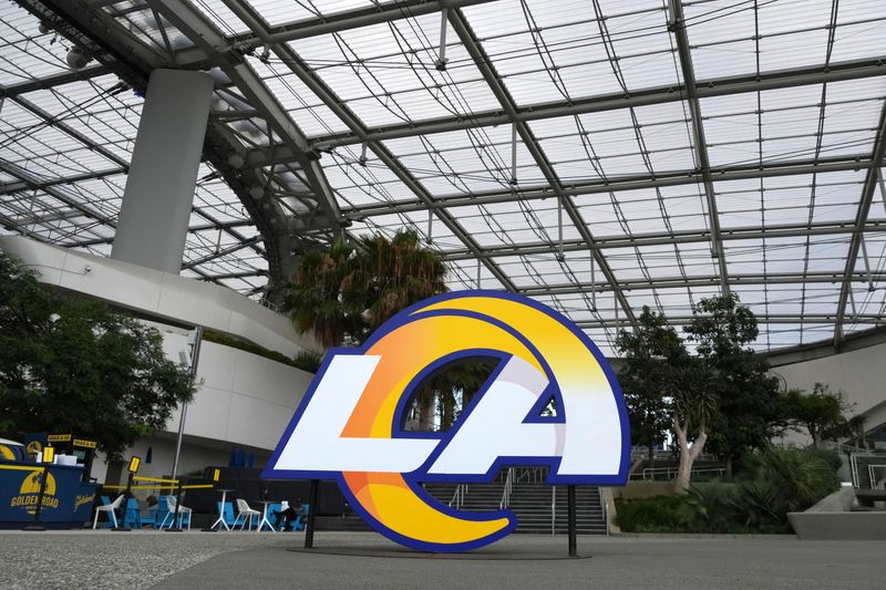 Aug 16, 2025; Inglewood, California, USA; The Los Angeles Rams logo at SoFi Stadium. Mandatory Credit: Kirby Lee-Imagn Images
