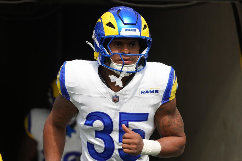 Aug 16, 2025; Inglewood, California, USA; Los Angeles Rams running back Jarquez Hunter (35) enters the field against the Los Angeles Chargers in the first half at SoFi Stadium. Mandatory Credit: Kirby Lee-Imagn Images