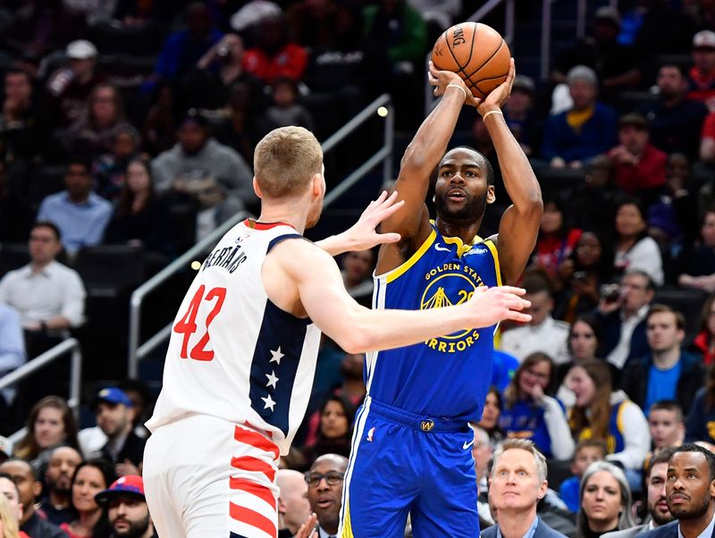 Feb 3, 2020; Washington, District of Columbia, USA; Golden State Warriors guard Alec Burks (right) shoots over Washington Wizards forward Davis Bertans (42) during the second quarter at Capital One Arena. Mandatory Credit: Brad Mills-USA TODAY Sports