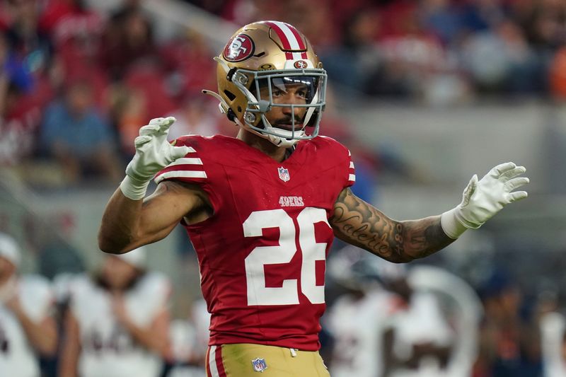 Aug 9, 2025; Santa Clara, California, USA; San Francisco 49ers cornerback Chase Lucas (26) signals to the sideline in the fourth quarter during a game against the Denver Broncos at Levi's Stadium. Mandatory Credit: David Gonzales-Imagn Images