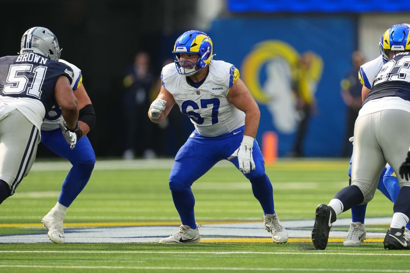 Aug 9, 2025; Inglewood, California, USA; Los Angeles Rams guard Justin Dedich (67) against the Dallas Cowboys in the first half at SoFi Stadium. Mandatory Credit: Kirby Lee-Imagn Images