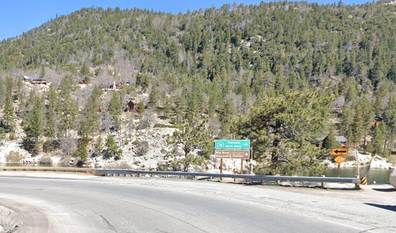 Big Bear Boulevard, east of Bear Valley Dam at Big Bear Lake, pictured in a Google Street View image.