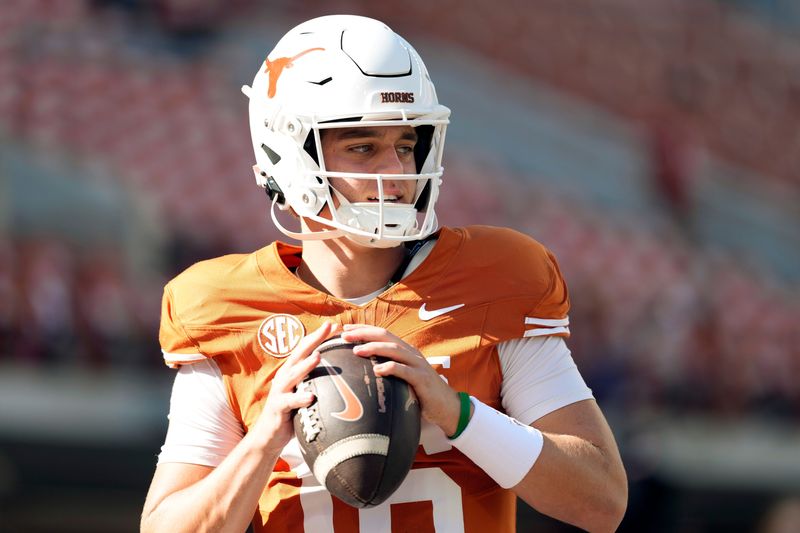 Nov 9, 2024; Austin, Texas, USA; Texas Longhorns quarterback Arch Manning (16) warms up before a game against the Florida Gators at Darrell K Royal-Texas Memorial Stadium. Mandatory Credit: Scott Wachter-Imagn Images