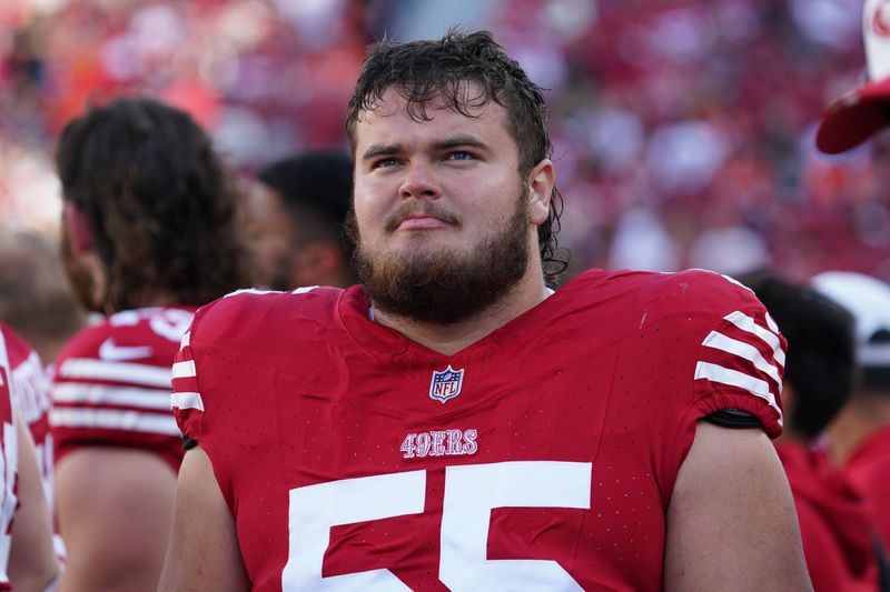 Aug 9, 2025; Santa Clara, California, USA; San Francisco 49ers offensive lineman Drew Moss (55) watches the action in the first quarter against the Denver Broncos at Levi's Stadium. Mandatory Credit: David Gonzales-Imagn Images