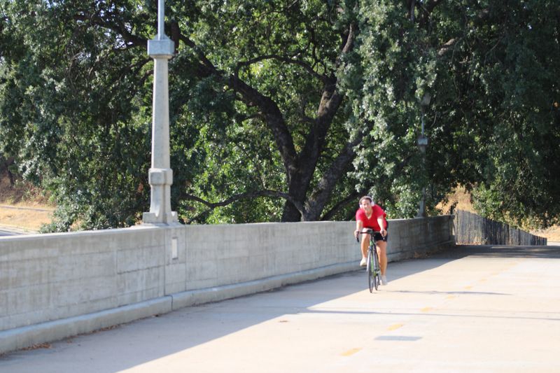 A cyclist bikes across the Diestelhorst Bridge over the Sacramento River in Redding.