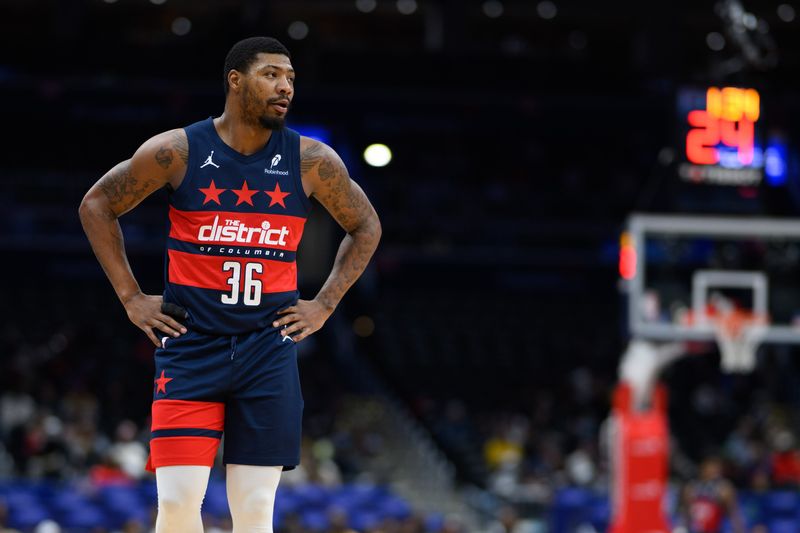 Mar 24, 2025; Washington, District of Columbia, USA; Washington Wizards guard Marcus Smart (36) looks on during the second quarter against the Toronto Raptors at Capital One Arena. Mandatory Credit: Reggie Hildred-Imagn Images