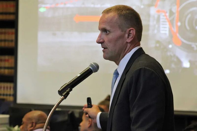 Santa Barbara Senior Deputy District Attorney Tate McCallister speaks during closing arguments for the murder trial of Jiram Tenorio Ramon, a Santa Barbara man accused of fatally shooting Robert Dion Gutierrez, of Camarillo, on Stearns Wharf in 2022. The district attorney's office plans to retry the case after a deadlocked jury resulted in a mistrial this week, he said.