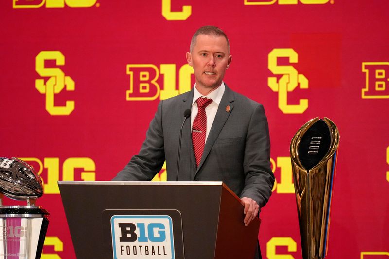USC head coach Lincoln Riley speaks to the media during the Big Ten NCAA media days.