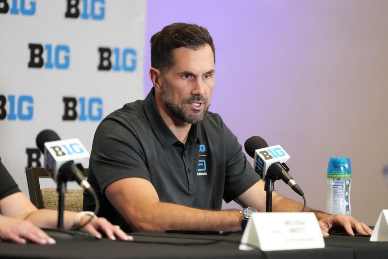 Jul 23, 2025; Las Vegas, NV, USA; Former NFL quarterback Matt Leinart speaks to the media about The We Give Blood Drive during the Big Ten NCAA college football media days at Mandalay Bay Resort. Mandatory Credit: Lucas Peltier-Imagn Images