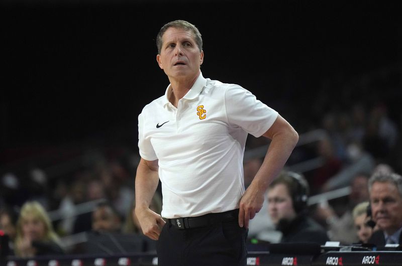 Feb 11, 2025; Los Angeles, California, USA; Southern California Trojans head coach Eric Musselman reacts during the game against the Penn State Nittany Lions at Galen Center. Mandatory Credit: Kirby Lee-Imagn Images