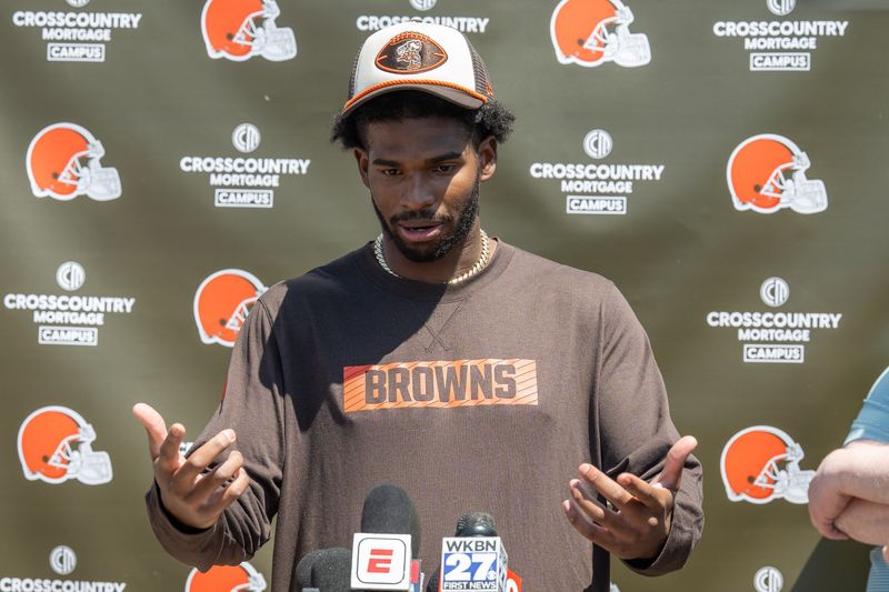 May 10, 2025; Berea, OH, USA; Cleveland Browns quarterback Shedeur Sanders (12) talks to the media during rookie minicamp at CrossCountry Mortgage Campus. Mandatory Credit: Ken Blaze-Imagn Images