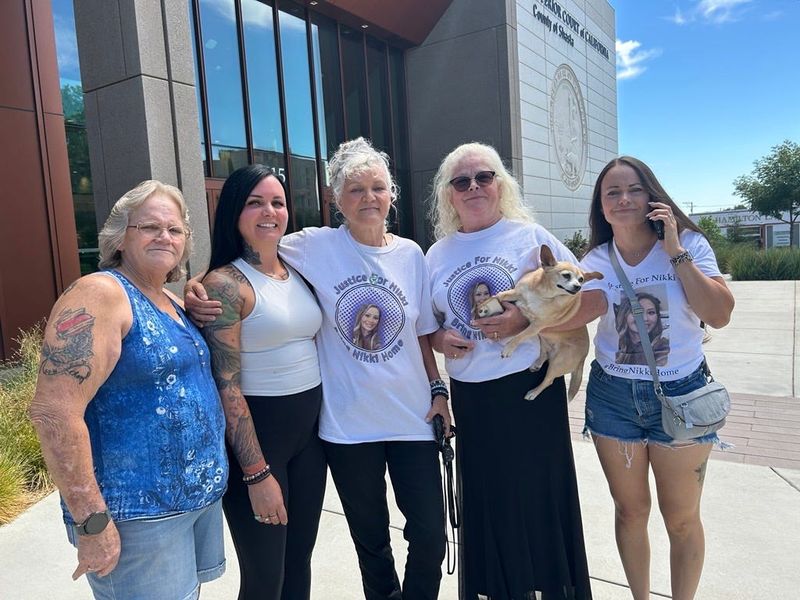 Supporters of Nikki McCain stand outside the Shasta County Courthouse, where Tyler McCain was arraigned on Friday, Aug. 22, 2025. Tyler McCain was arrested on Wednesday in connection to his wife's death and is charged with murder in the first degree. The Shasta County Sheriff's Office declared the Happy Valley woman dead in March 2025, 10 months after she was reported missing in May 2024.