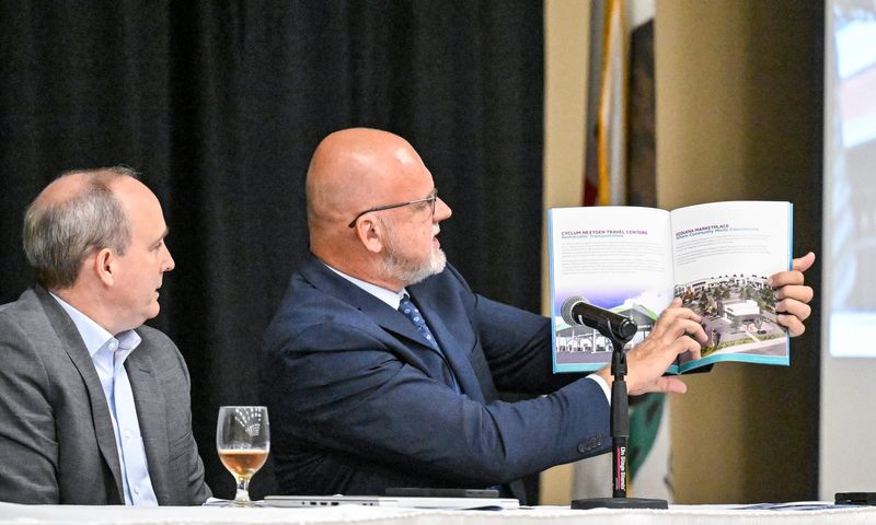 Tulare City Manager Marc Mondell, center, answers questions about new grocery stores coming during State of the City and County presentation Friday, August 22, 2025 at the International Agri-Center in Tulare.