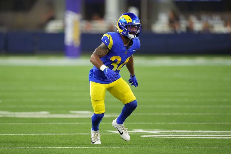 Aug 12, 2023; Inglewood, California, USA; Los Angeles Rams safety Tanner Ingle (34) against the Los Angeles Chargers at SoFi Stadium. Mandatory Credit: Kirby Lee-USA TODAY Sports