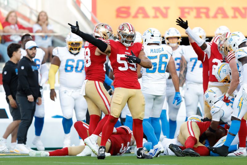 Aug 23, 2025; Santa Clara, California, USA; San Francisco 49ers linebacker Curtis Robinson (59) celebrates after a fumble recovery by the 49ers during the first quarter against the Los Angeles Chargers at Levi's Stadium. Mandatory Credit: Sergio Estrada-Imagn Images