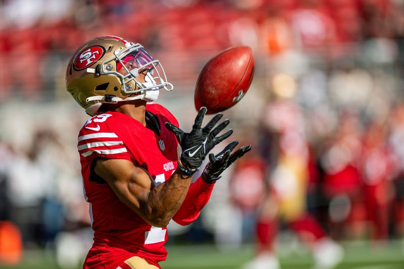 Dec 8, 2024; Santa Clara, California, USA; San Francisco 49ers wide receiver Jacob Cowing (19) warms up before the game against the Chicago Bears at Levi's Stadium. Mandatory Credit: Bob Kupbens-Imagn Images
