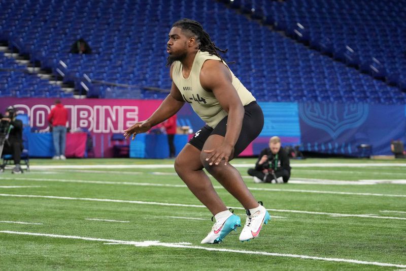 Mar 3, 2024; Indianapolis, IN, USA; Kansas State offensive lineman KT Leveston Jr (OL44) during the 2024 NFL Scouting Combine at Lucas Oil Stadium. Mandatory Credit: Kirby Lee-USA TODAY Sports