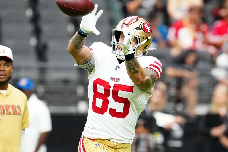 Aug 16, 2025; Paradise, Nevada, USA; San Francisco 49ers tight end George Kittle (85) warms up before a preseason game against the Las Vegas Raiders at Allegiant Stadium. Mandatory Credit: Stephen R. Sylvanie-Imagn Images