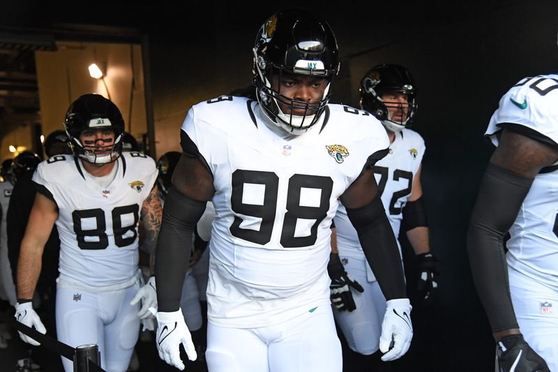Nov 3, 2024; Philadelphia, Pennsylvania, USA; Jacksonville Jaguars defensive tackle Jordan Jefferson (98) in the tunnel against the Philadelphia Eagles at Lincoln Financial Field. Mandatory Credit: Eric Hartline-Imagn Images