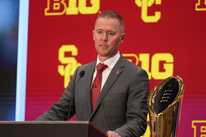 Jul 24, 2025; Las Vegas, NV, USA; USC head coach Lincoln Riley speaks to the media during the Big Ten NCAA college football media days at Mandalay Bay Resort. Mandatory Credit: Lucas Peltier-Imagn Images