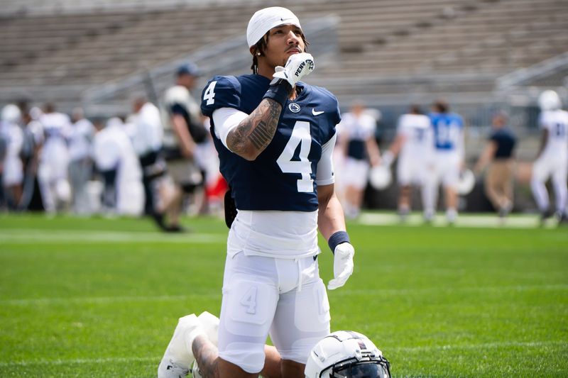 Penn State cornerback AJ Harris (4) takes a moment in the north end zone before the start of the Blue-White spring football game at Beaver Stadium on Saturday, April 26, 2025, in State College. The White team defeated the Blue team, 10-8.